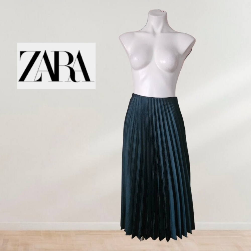 ZARA Dark Teal Pleated Midi Skirt S